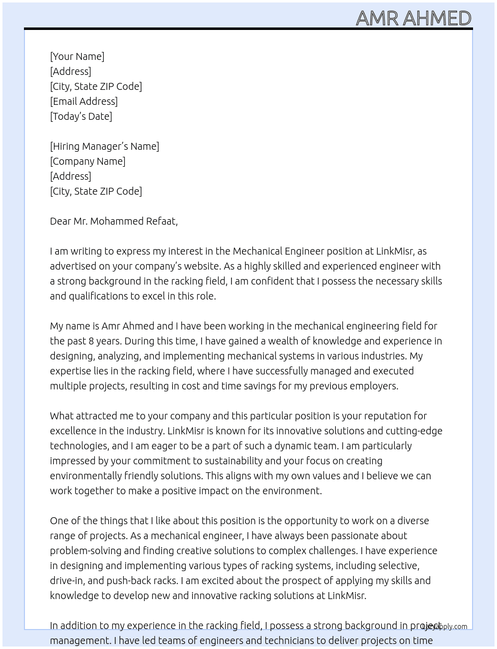 Mechanical Engineer At LinkMisr Cover Letter