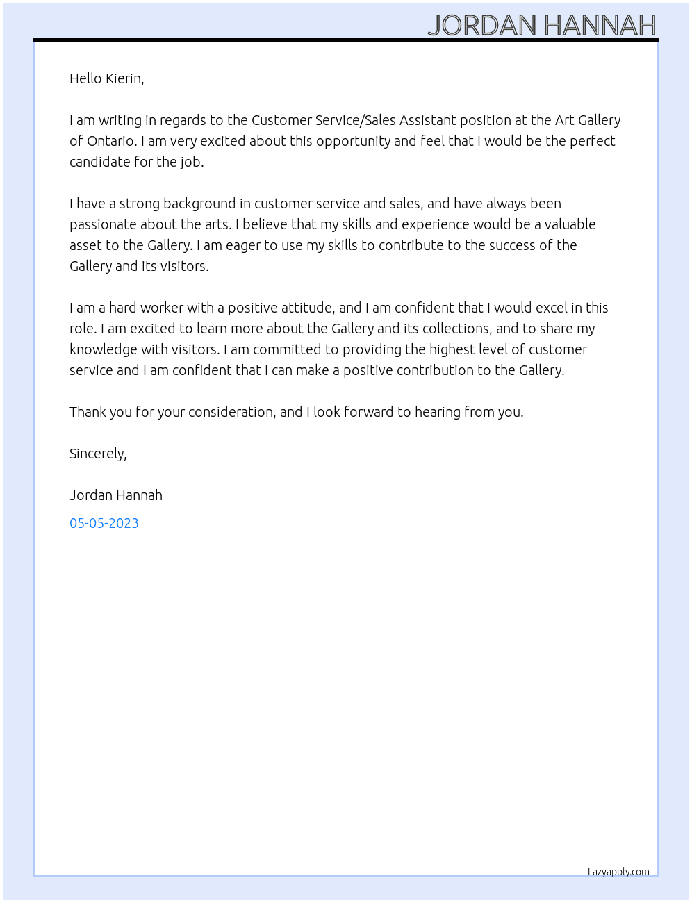 Customer Service/Sales Assitant At Art Gallery of Ontario Cover Letter