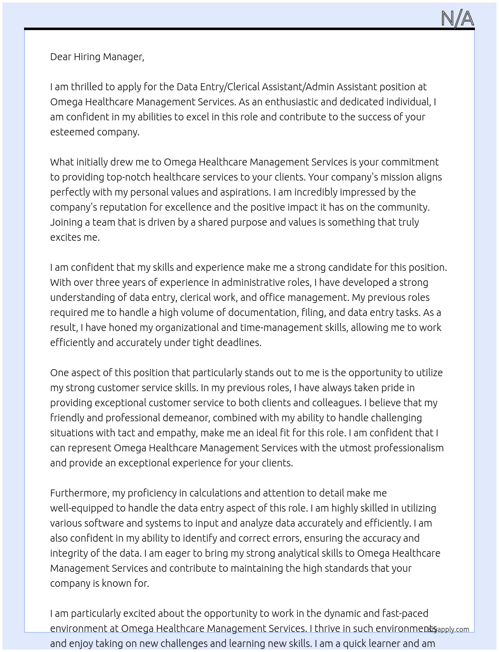 Data Entry/Clerical Assisitant/Admin Assistant At Omega Healthcare Management Services Cover Letter
