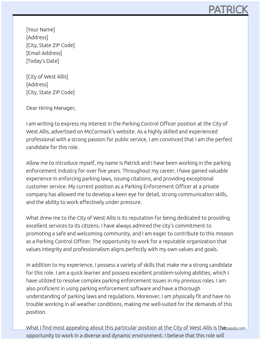 Parking Control Officer At McCormack Cover Letter