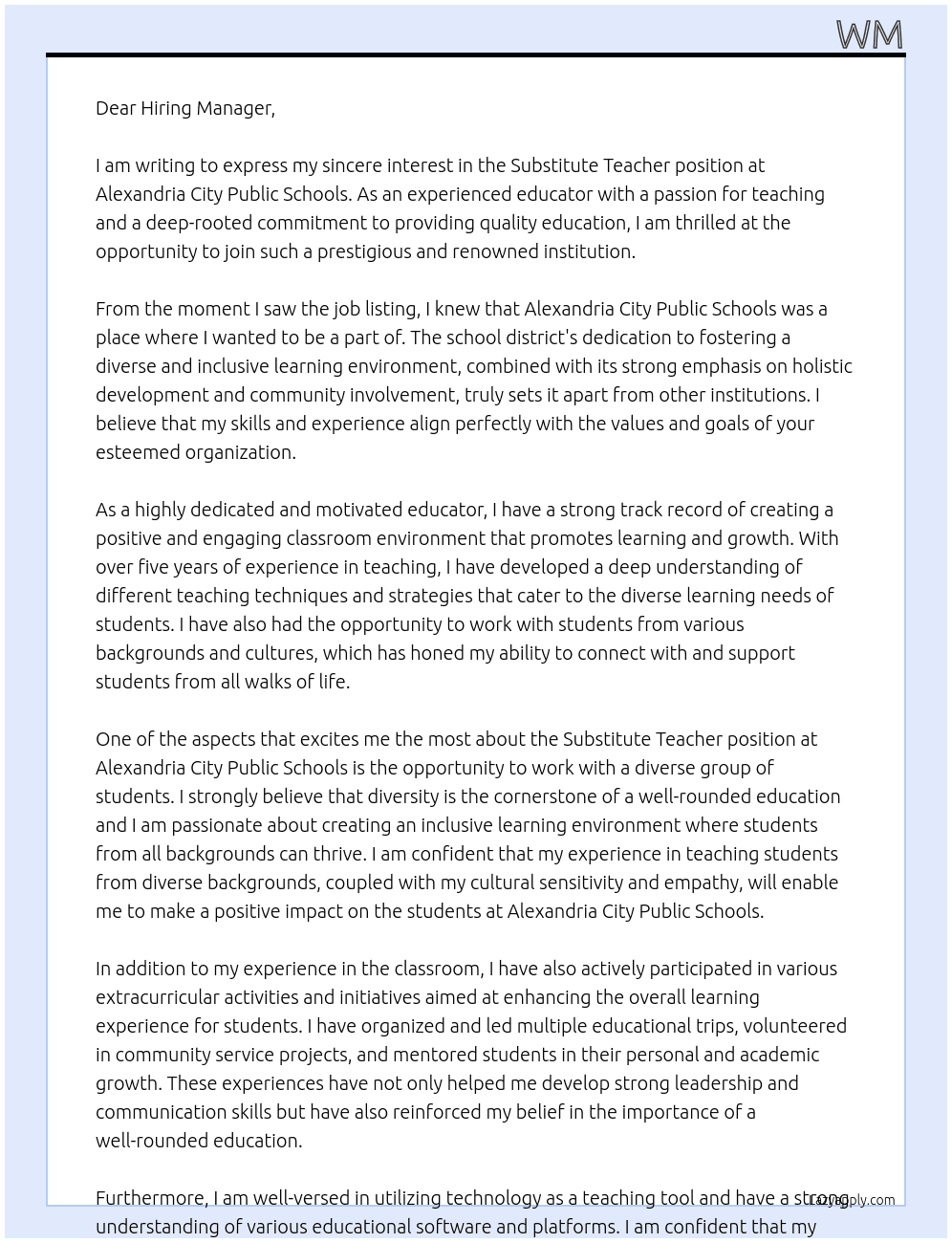Substitute Teacher At Alexandria City Public Schools Cover Letter
