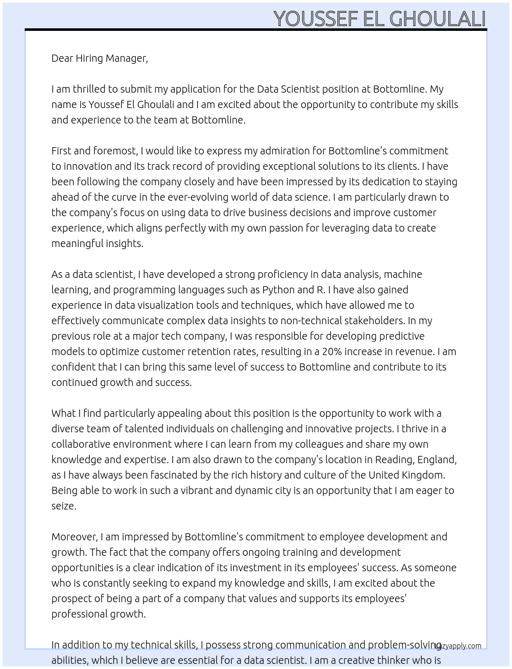 Data Scientist At Bottomline Cover Letter