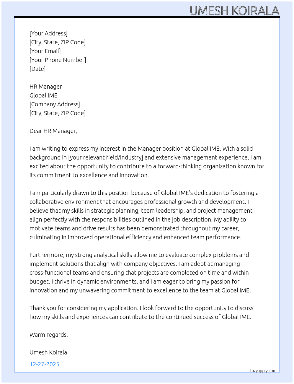 manager  At Global IME Cover Letter