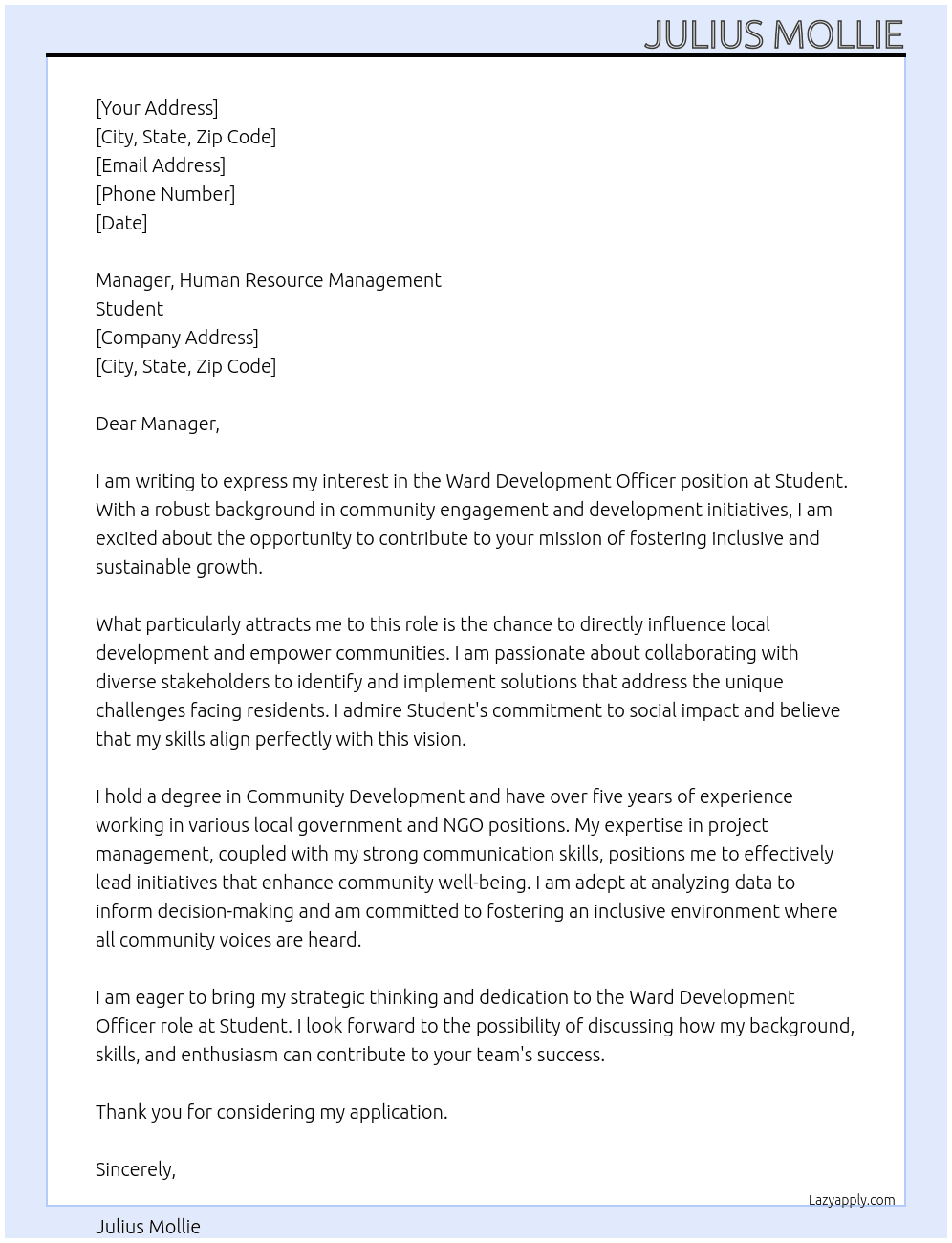 Ward Development Officer  At Student  Cover Letter