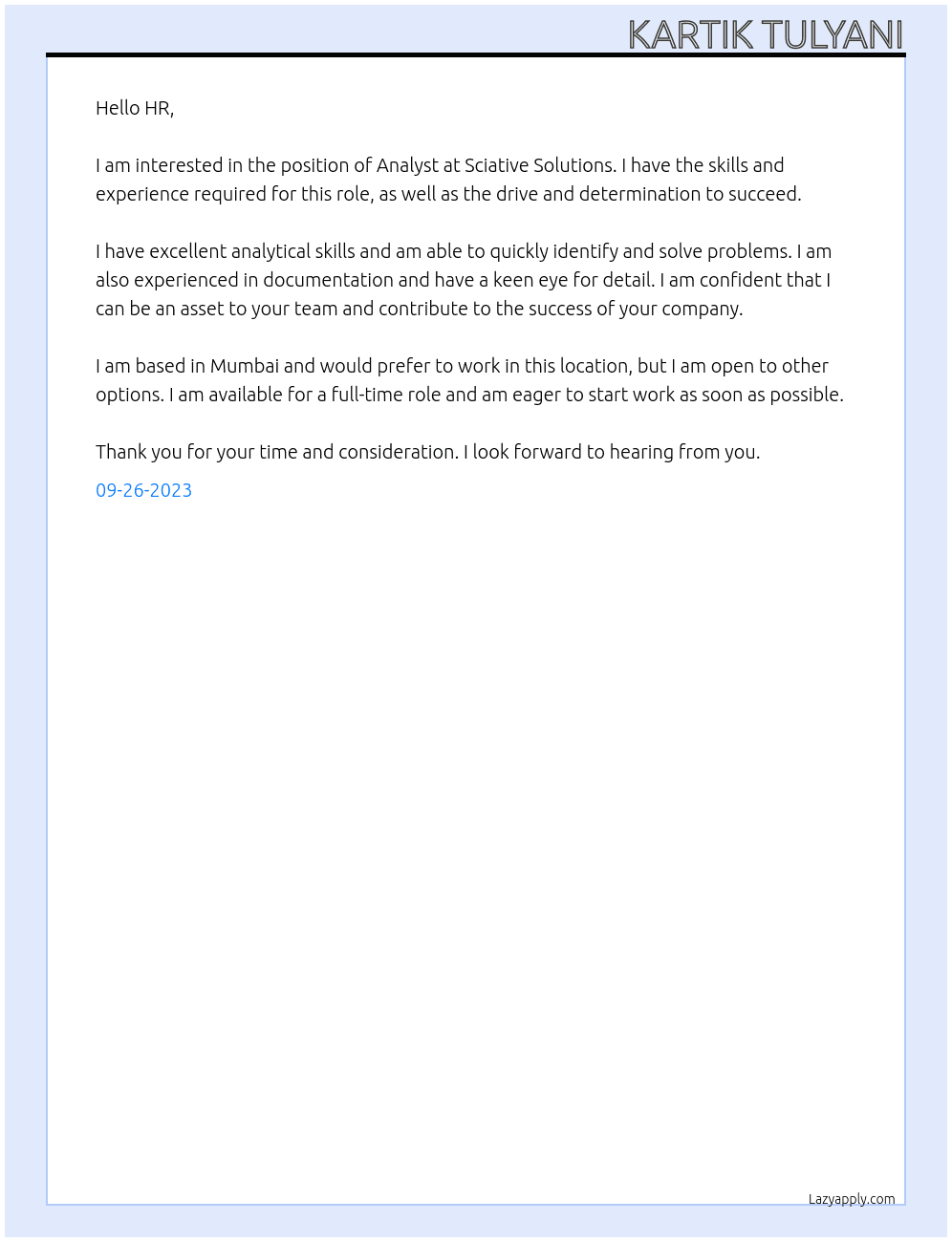 Analyst At Sciative Solution Cover Letter