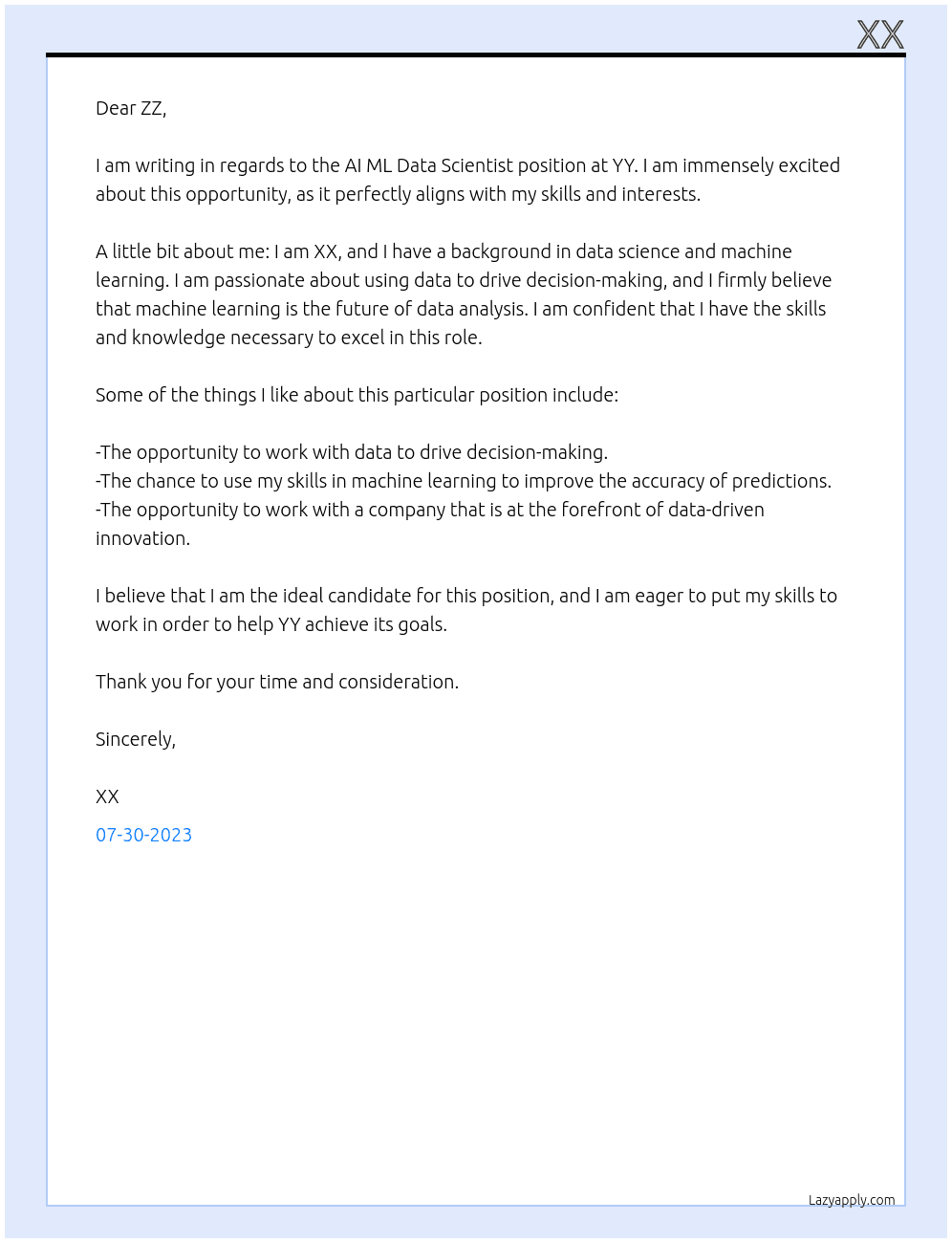 AI ML Data Scientist - At YY Cover Letter