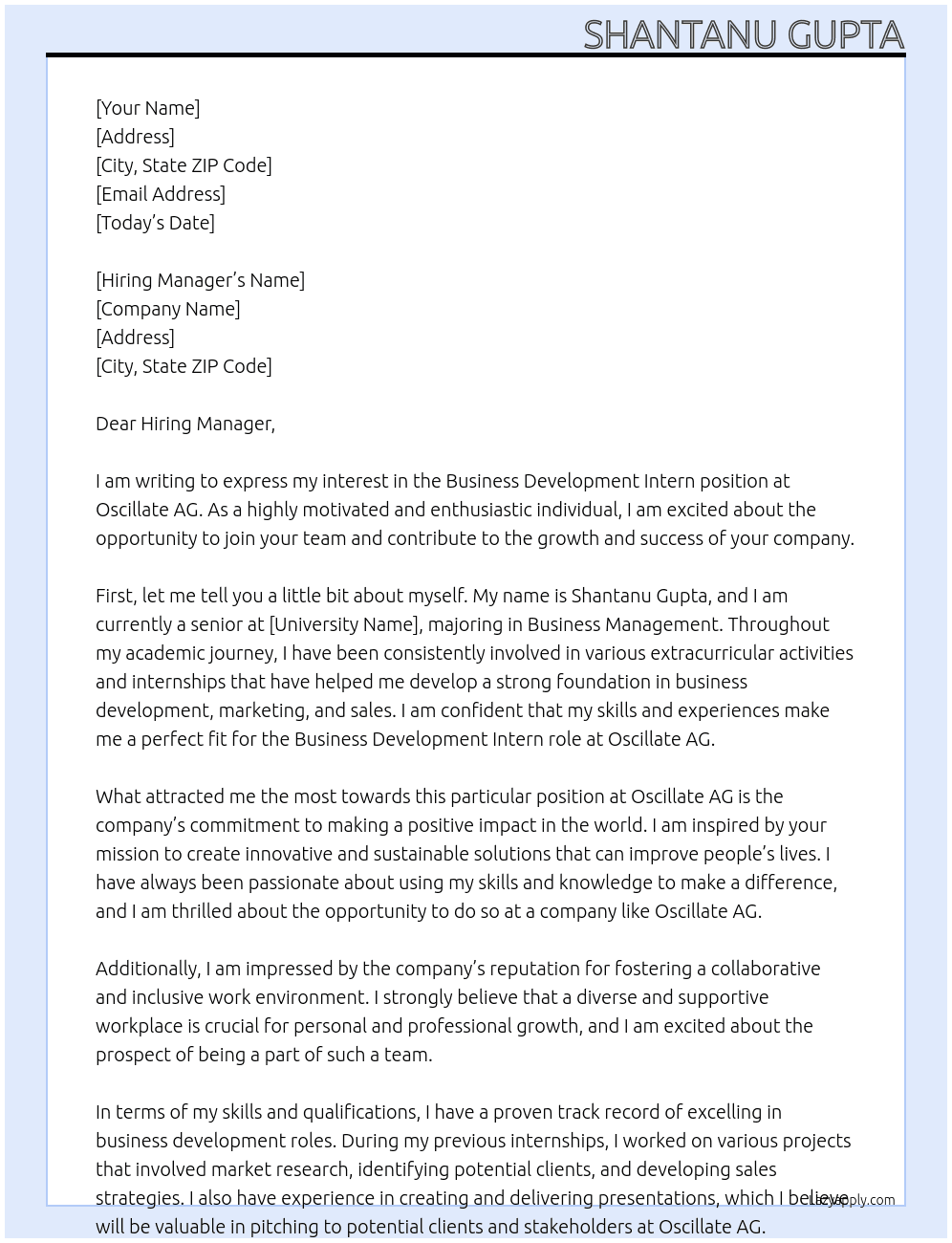 Business Development Intern At Oscillate AG Cover Letter