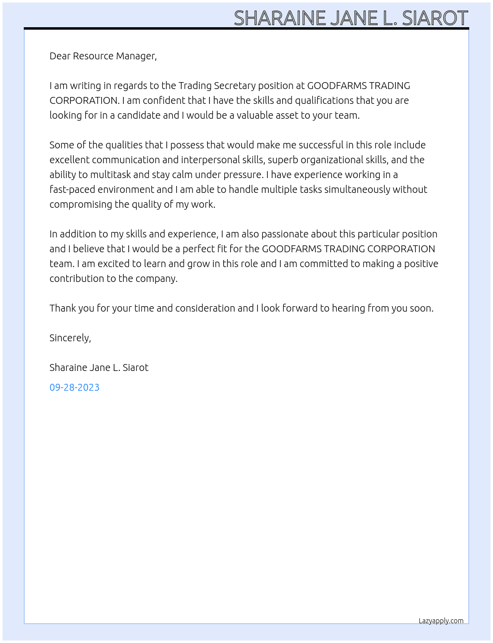 Trading Secretary At GOODFARMS TRADING CORPORATION Cover Letter
