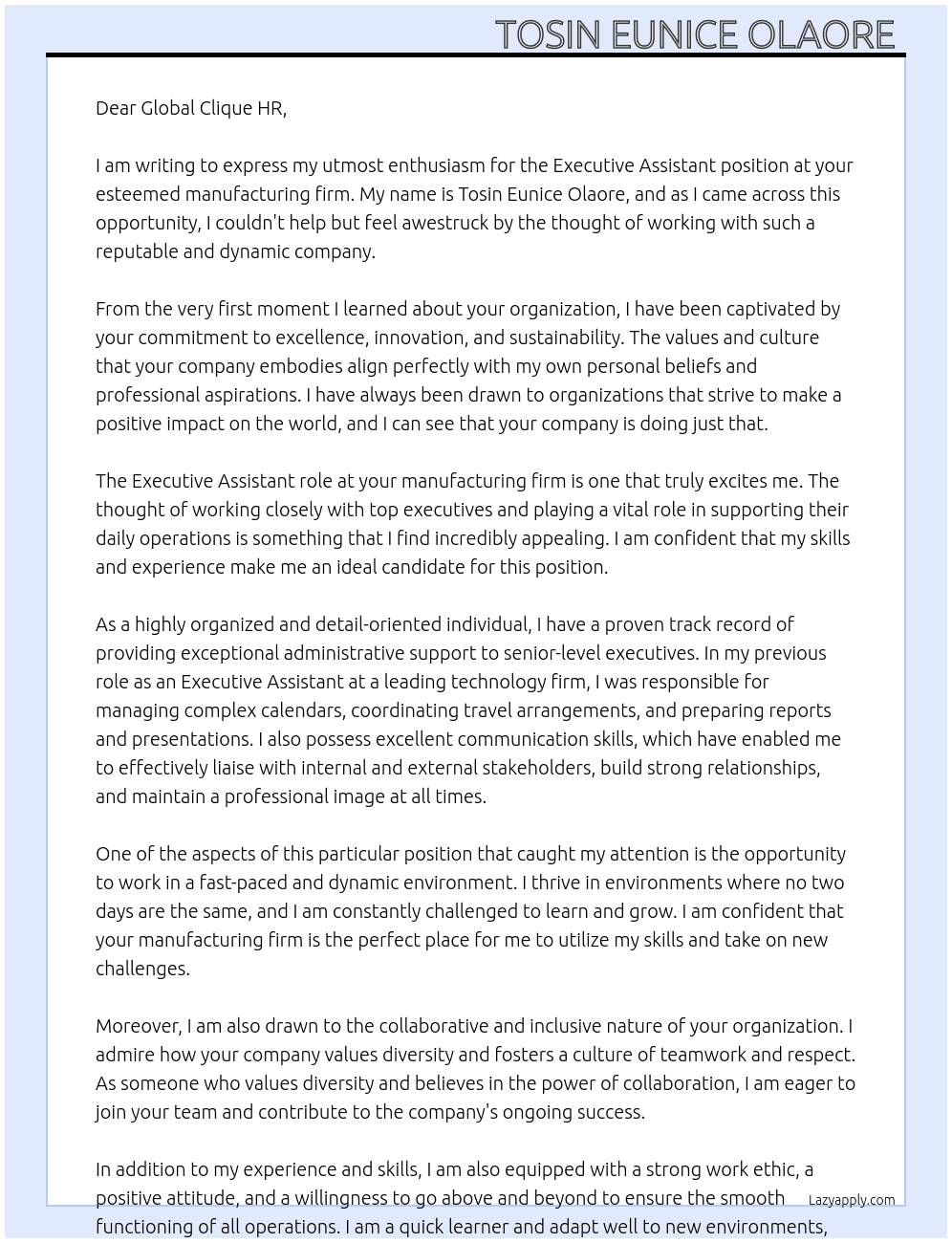 Executive assistant At Manufacturing firm Cover Letter