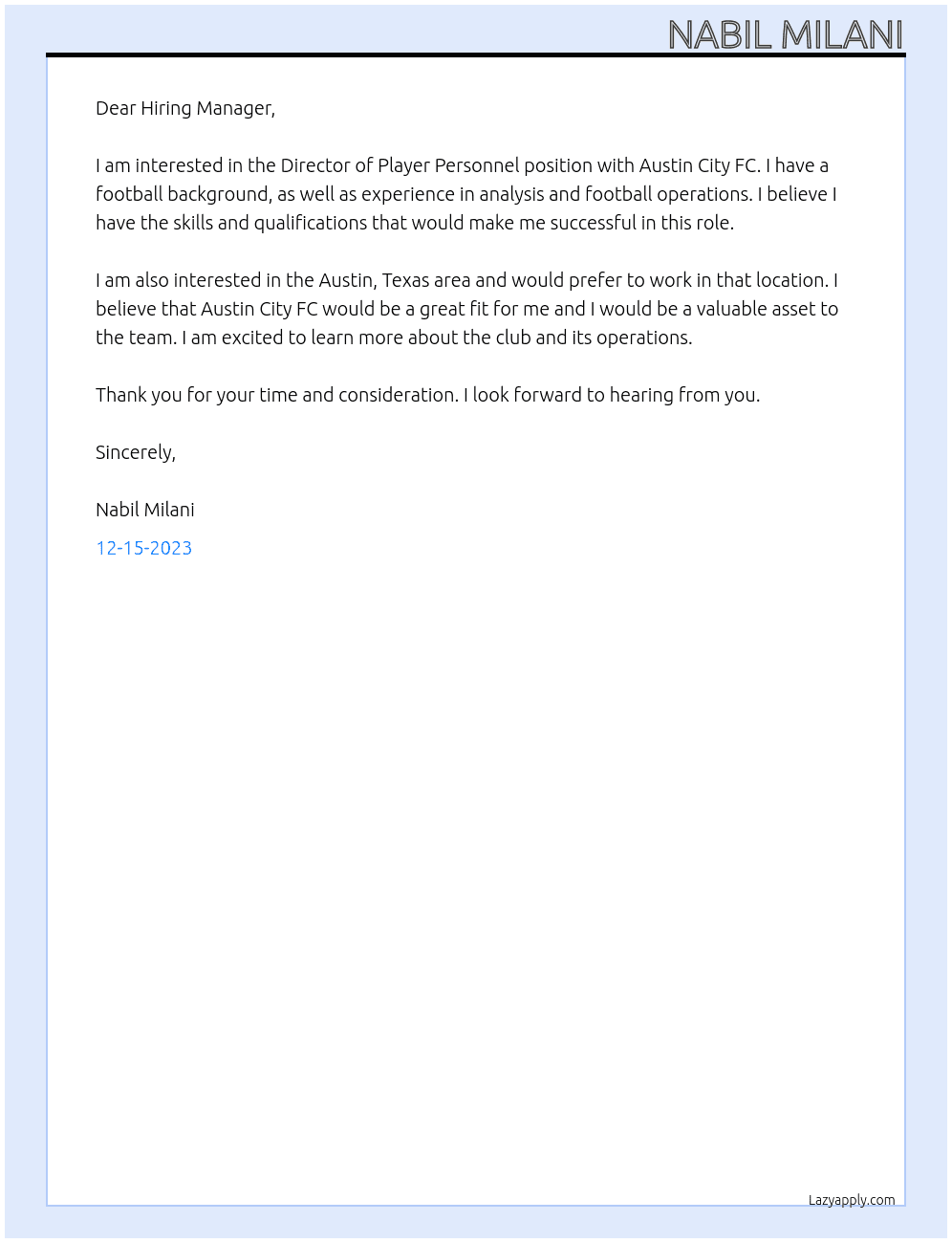 Director of Player Personnel At Austin City Fc Cover Letter
