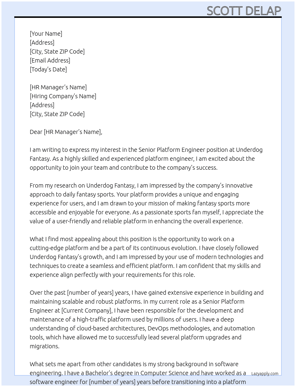 Senior Platform Engineer At Underdog Fantasy Cover Letter