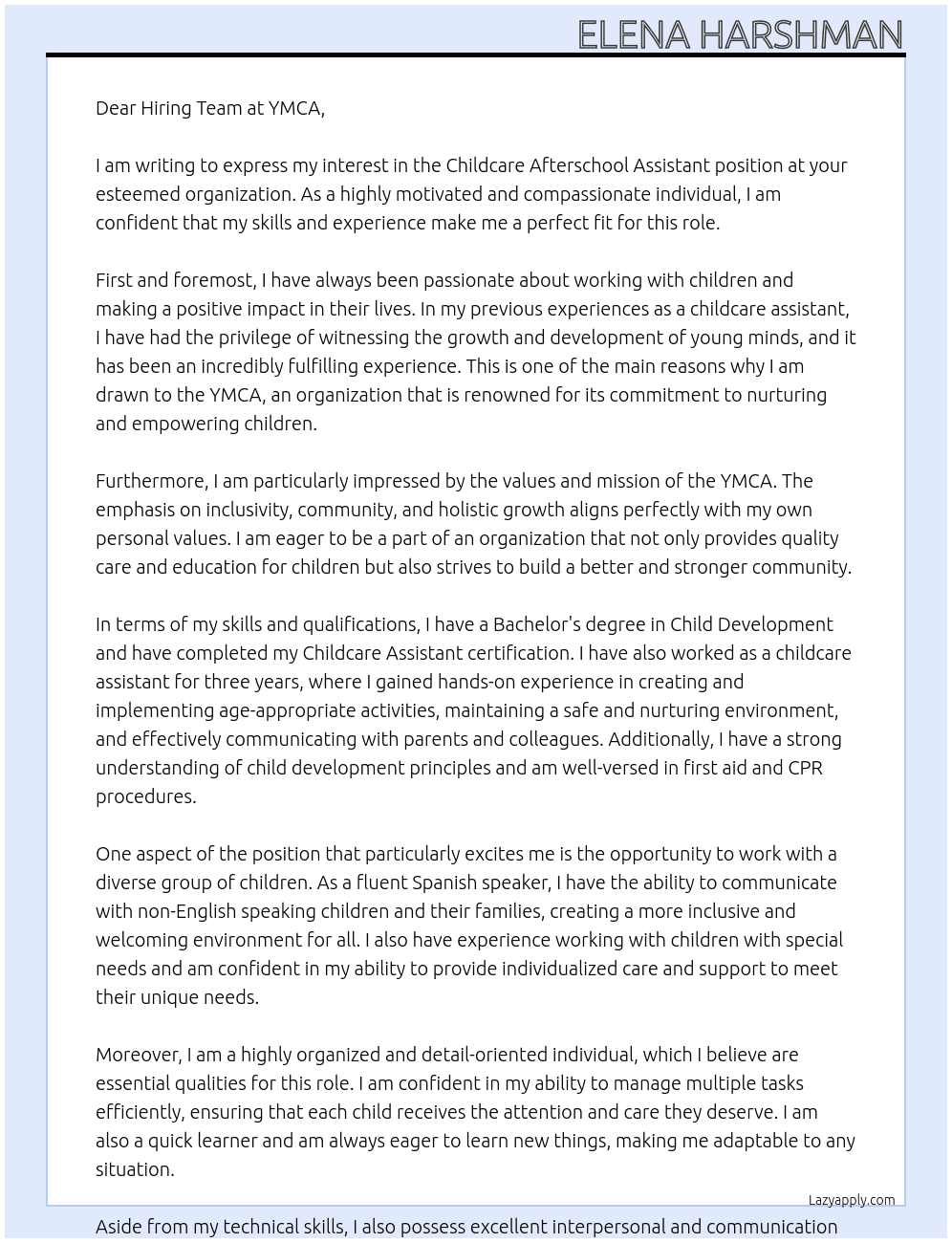 Cover letter for childcare afterschool assistant - LazyApply