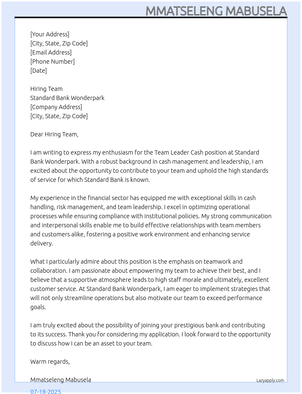 Team Leader Cash  At Standard bank Wonderpark  Cover Letter