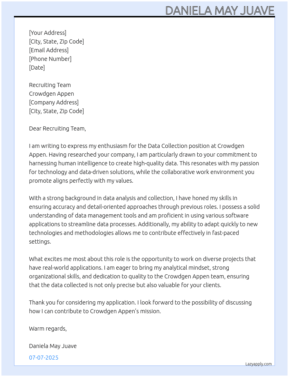 Data Collection At Crowdgen Appen Cover Letter