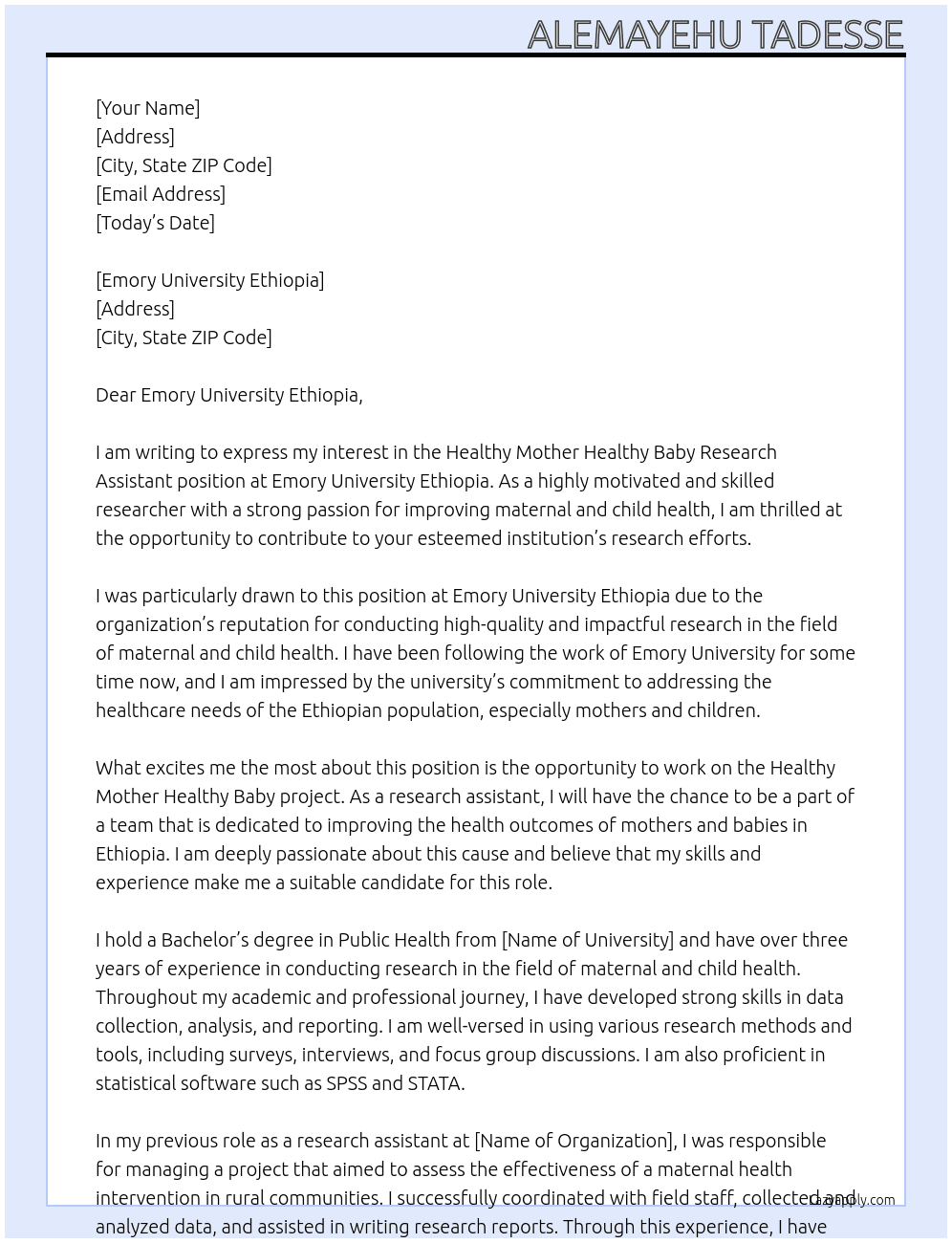 Healthy Mother Healthy Baby Research Assistant At Emory University Ethiopia Cover Letter