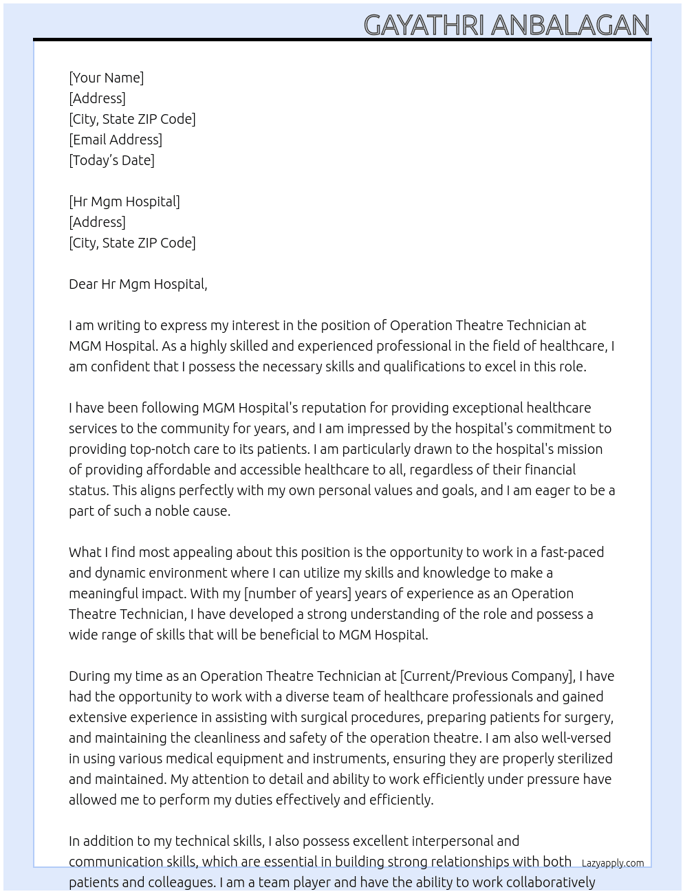 Operation theatre technician At Mgm hospital Cover Letter