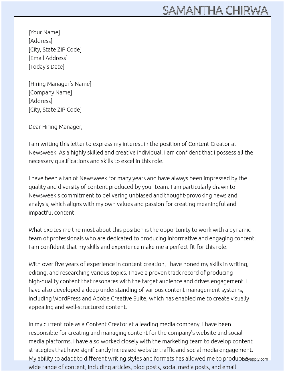 Content creator  At News week Cover Letter