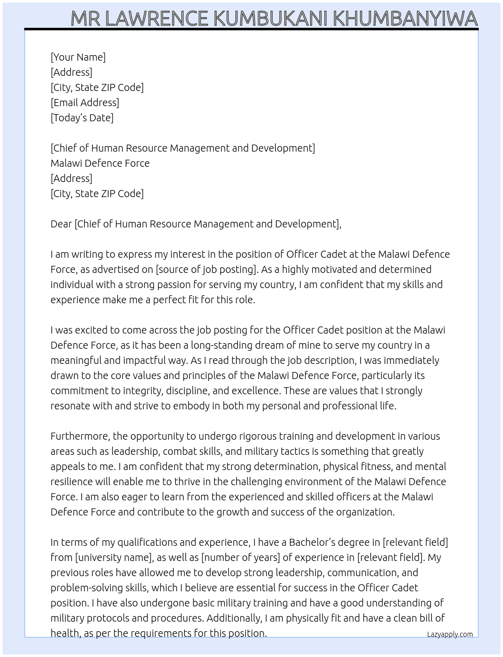 OFFICER CADET At Malawi defence force Cover Letter