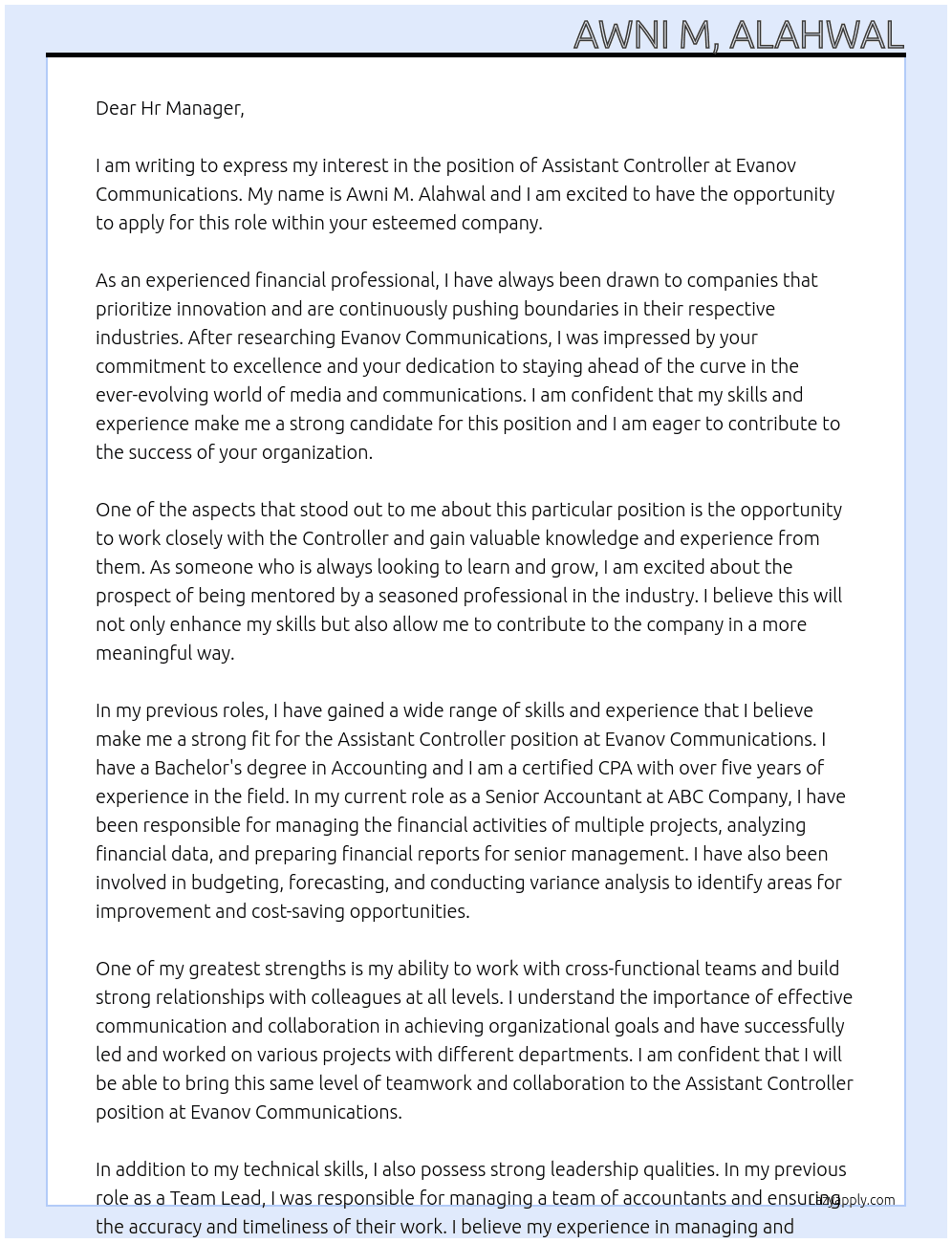 Assistant Controller At Evanov Communications Cover Letter