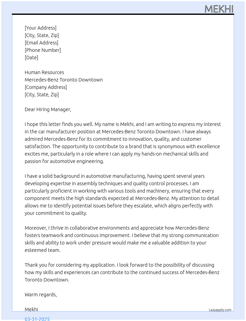 Cover letter for car manufacter - LazyApply