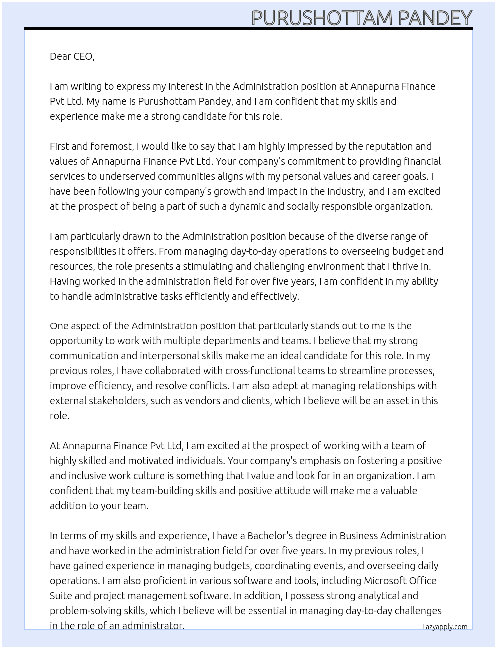 administration At Annapurna Finance Pvt Ltd Cover Letter
