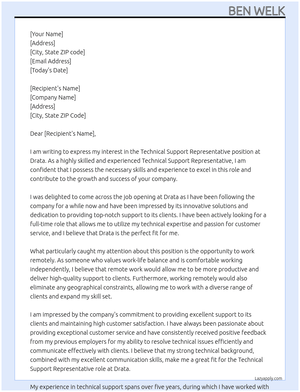 Technical Support Representative At Drata Cover Letter
