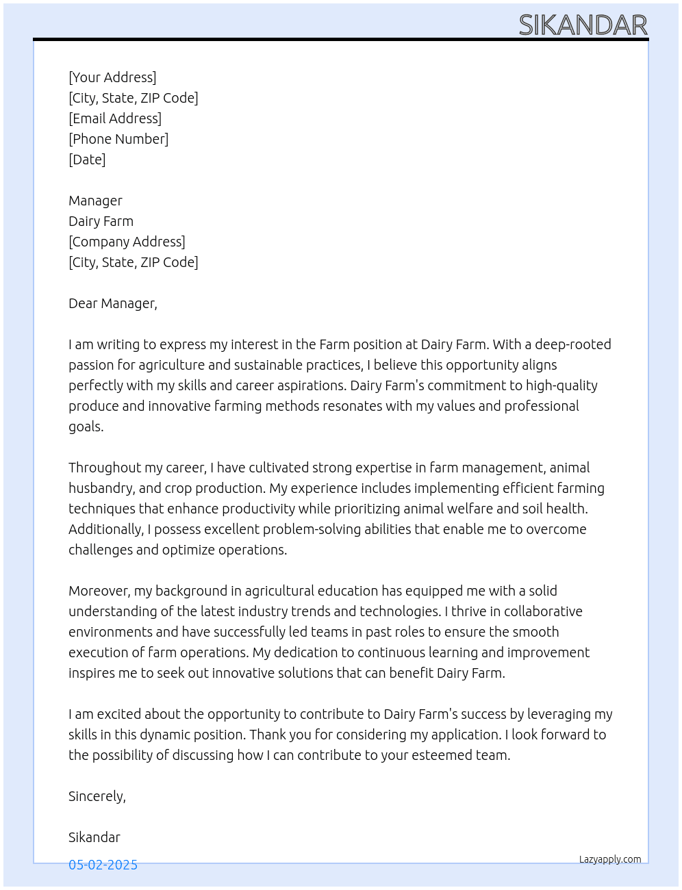 Farm At Dairy Farm Cover Letter