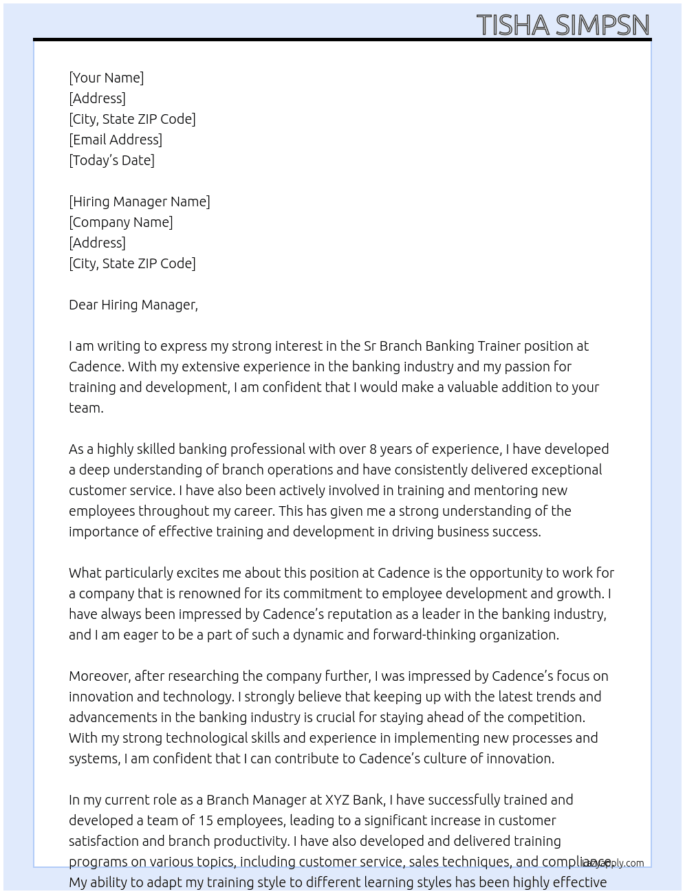 Sr Branch Banking Trainer At Cadence Cover Letter