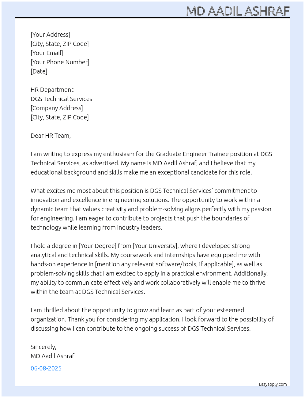 GRADUATE ENGINEER TRANIEE At DGS TECHNICAL SERVICES Cover Letter