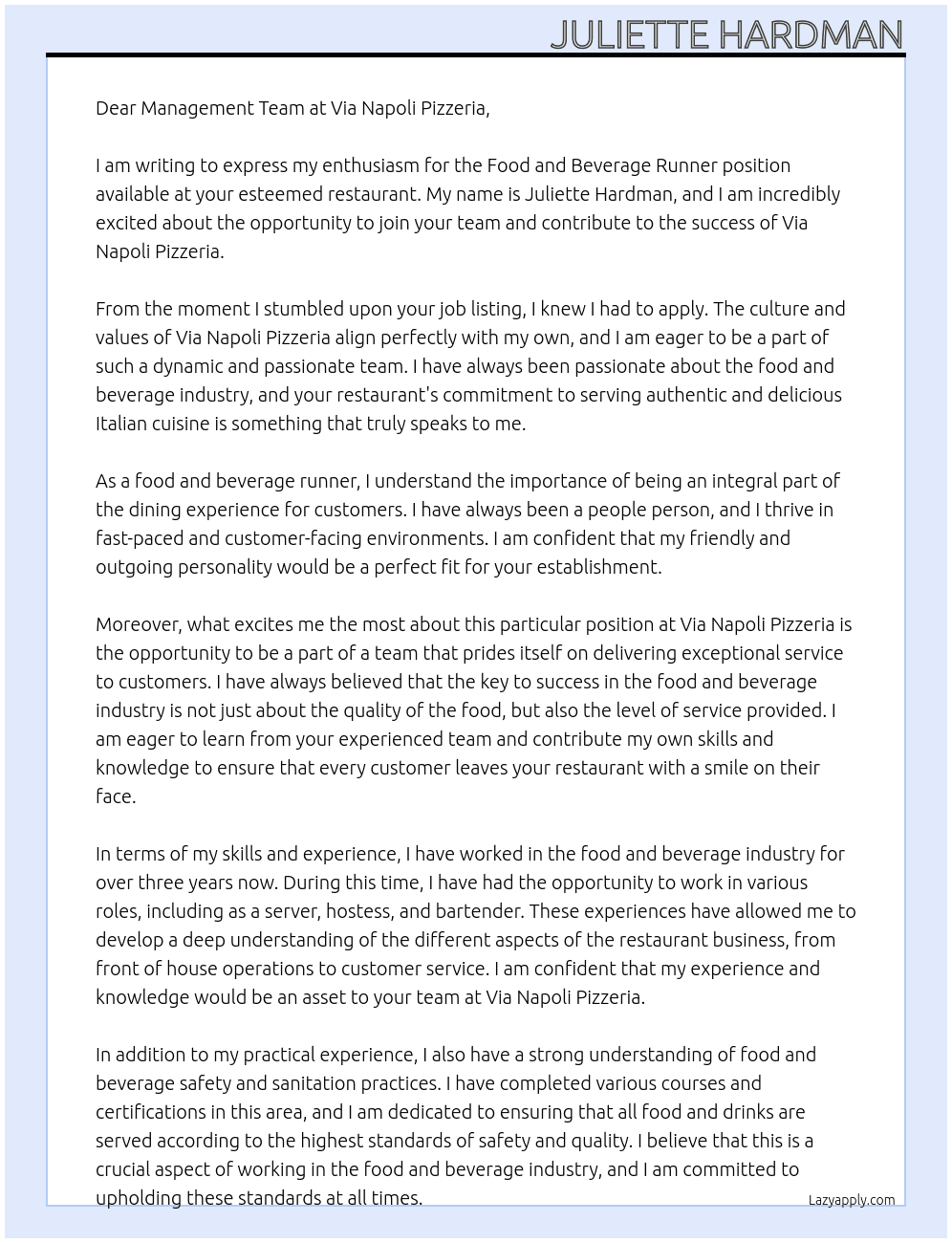 Food and Beverage Runner At Via Napoli Pizzer Cover Letter