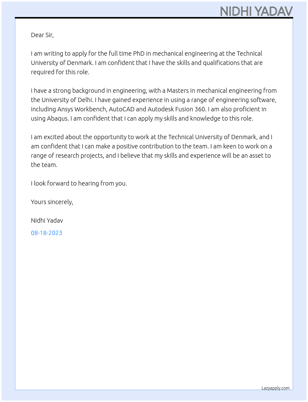 full time phd in mechanical engineering At TECHNICAL UNIVERSITY OF DENMARK Cover Letter
