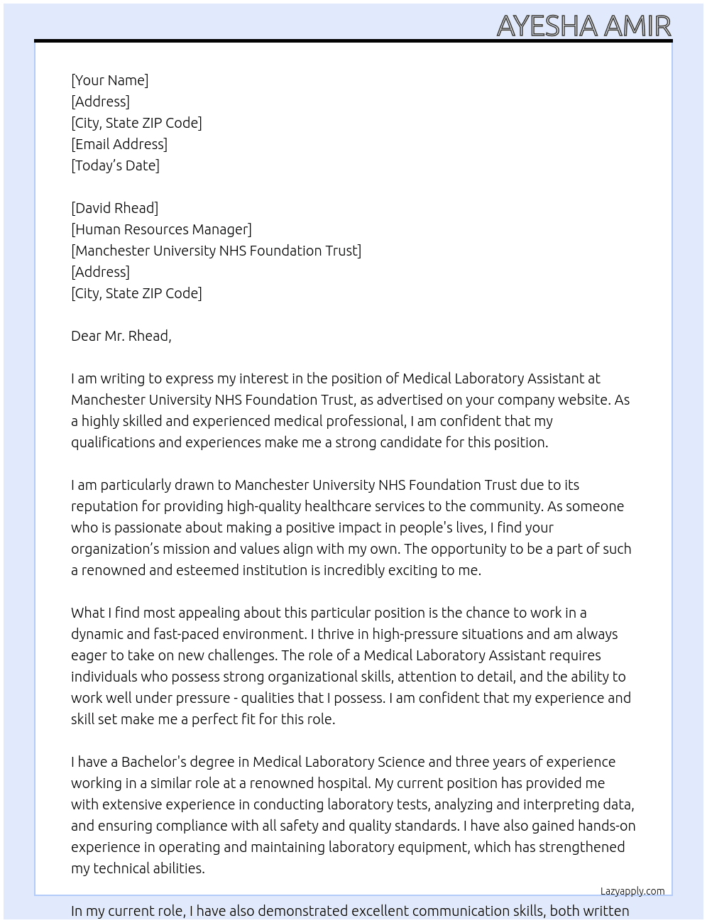 Medical Laboratory Assistant At Manchester University NHS Foundation Trust Cover Letter