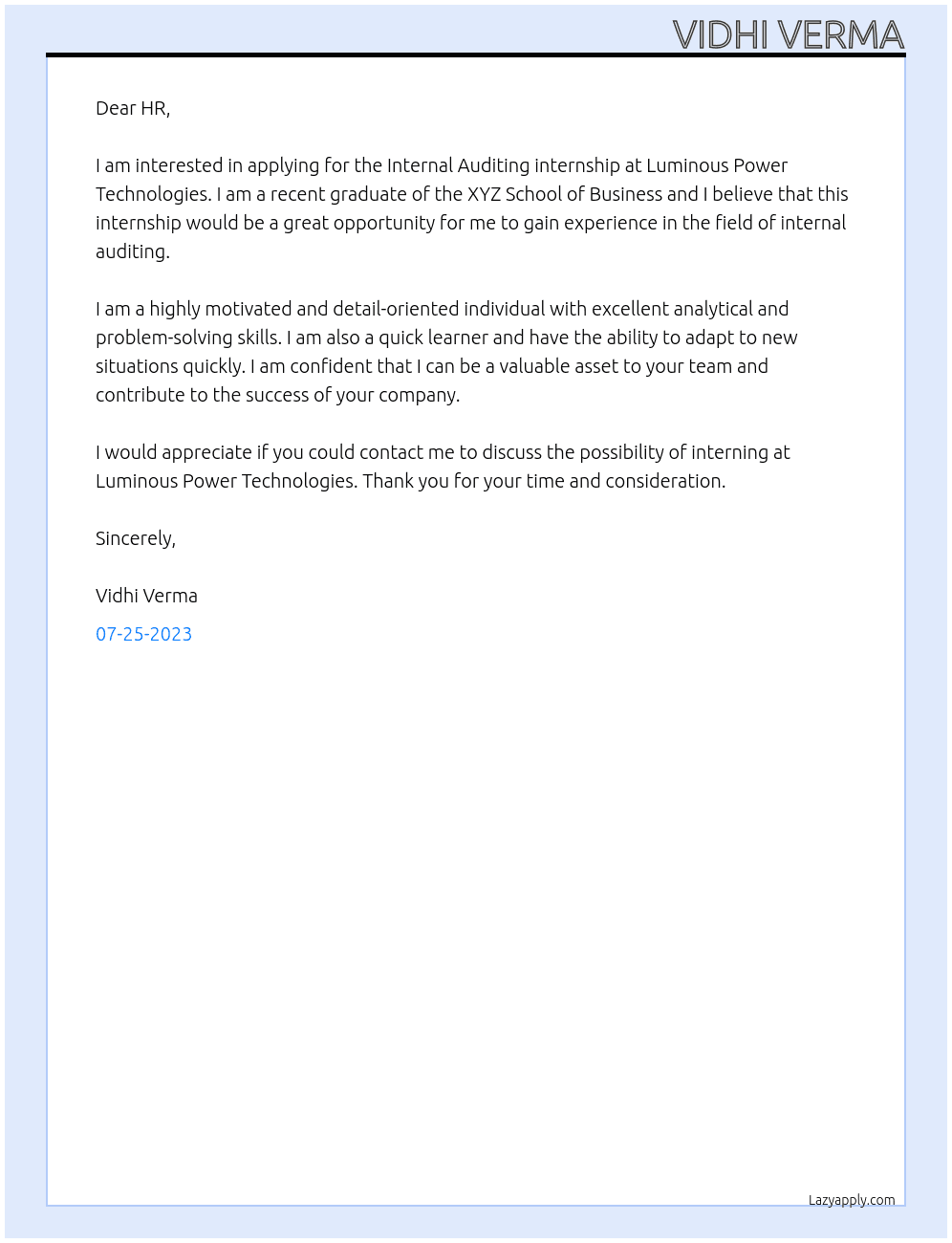 Internal Auditing internship At Luminous Power Technologies Cover Letter