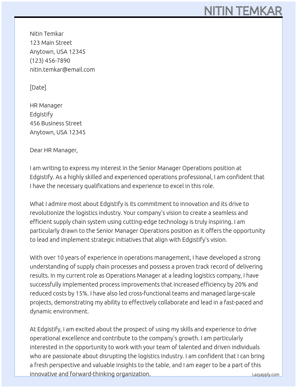 Senior Manager Operations  At Edgistify Cover Letter