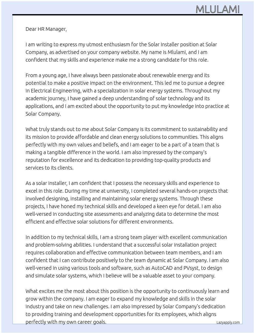 Solar installer  At Solar Company  Cover Letter