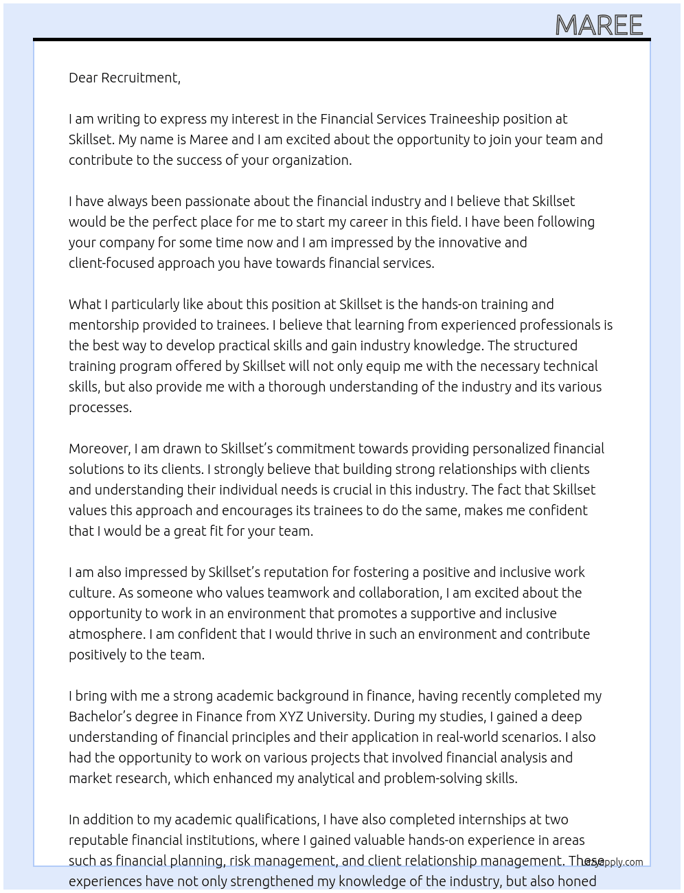 Financial Services Traineeship At Skillset Cover Letter