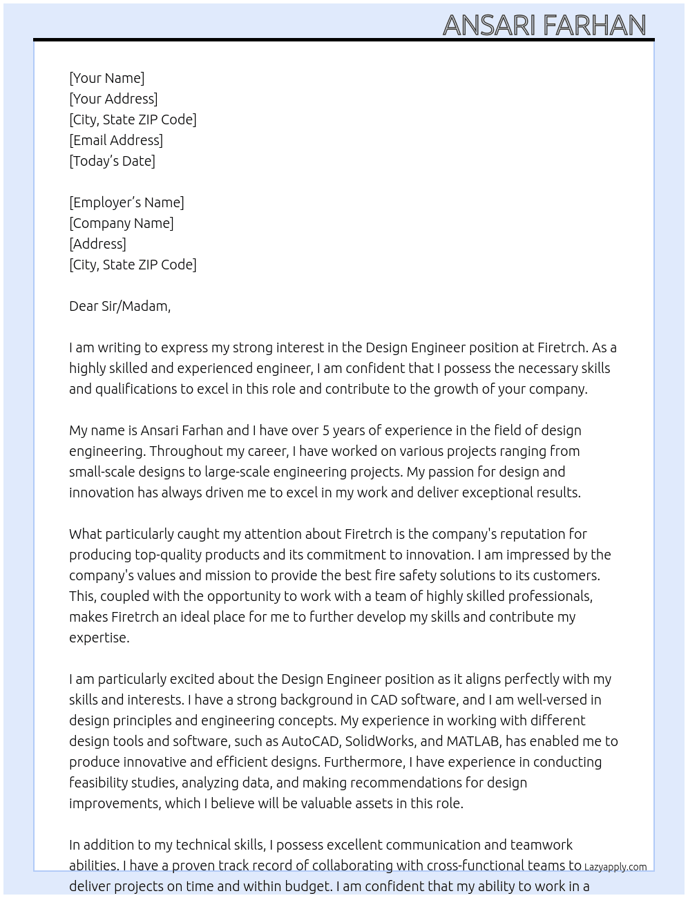Design engineer  At Firetrch  Cover Letter