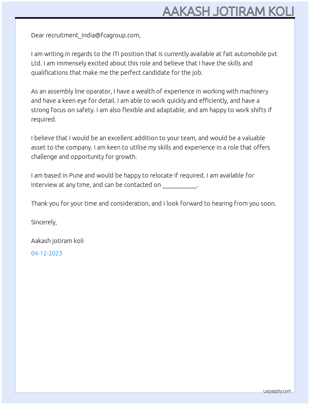 ITI  At fait automobile pvt Ltd. Cover Letter