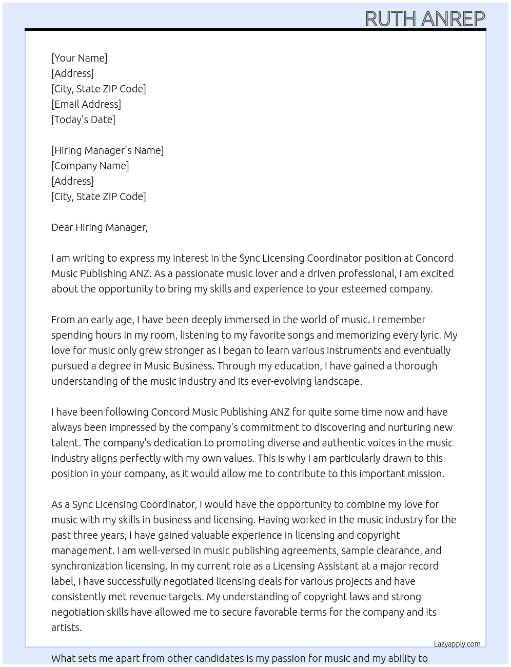 Sync Licensing Coordinator At Concord Music Publishing ANZ  Cover Letter