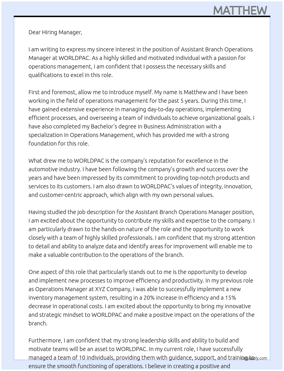 Assistant Branch Operations Manager At WORLDPAC Cover Letter