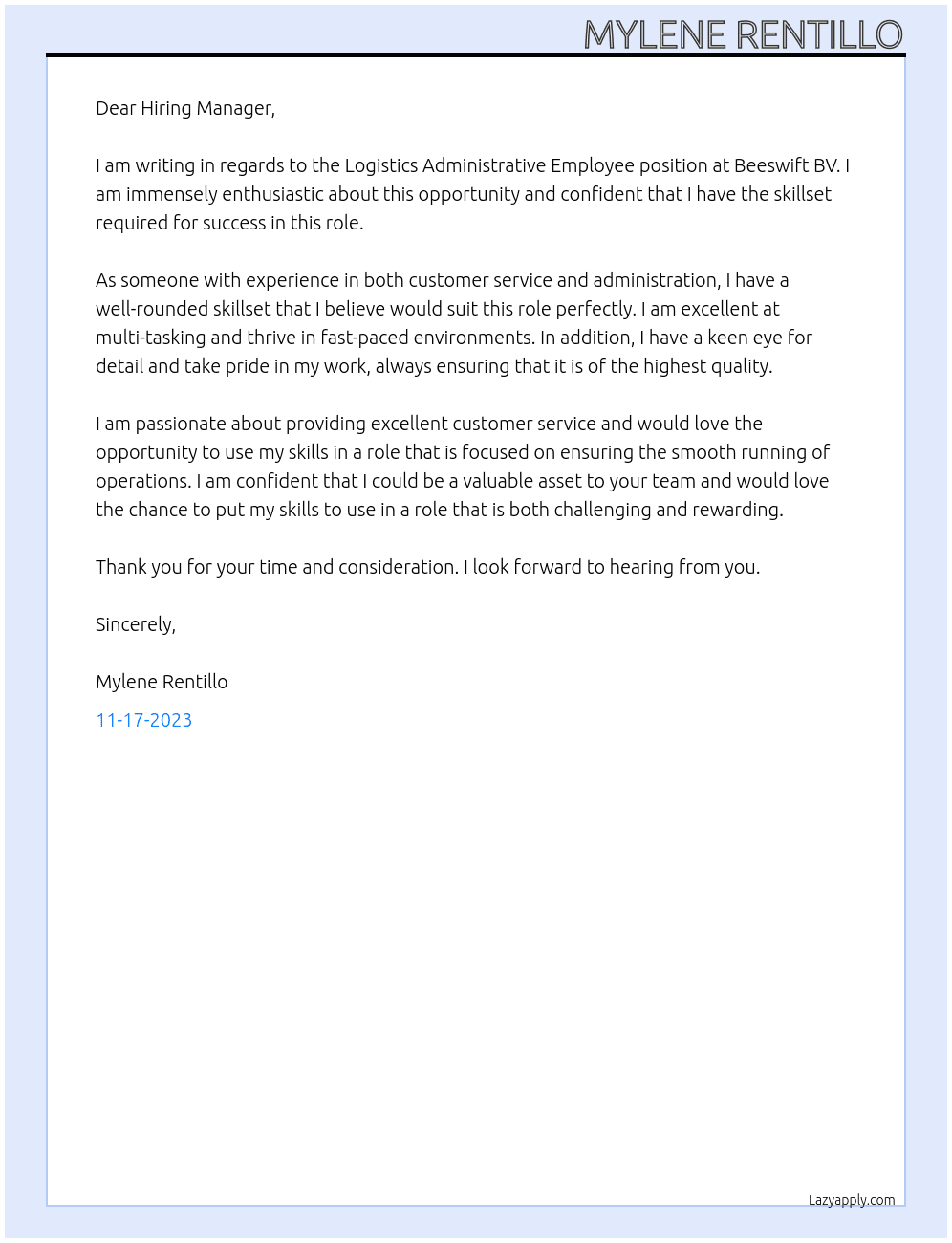 Logistics Administrative Employee At Beeswift BV Cover Letter