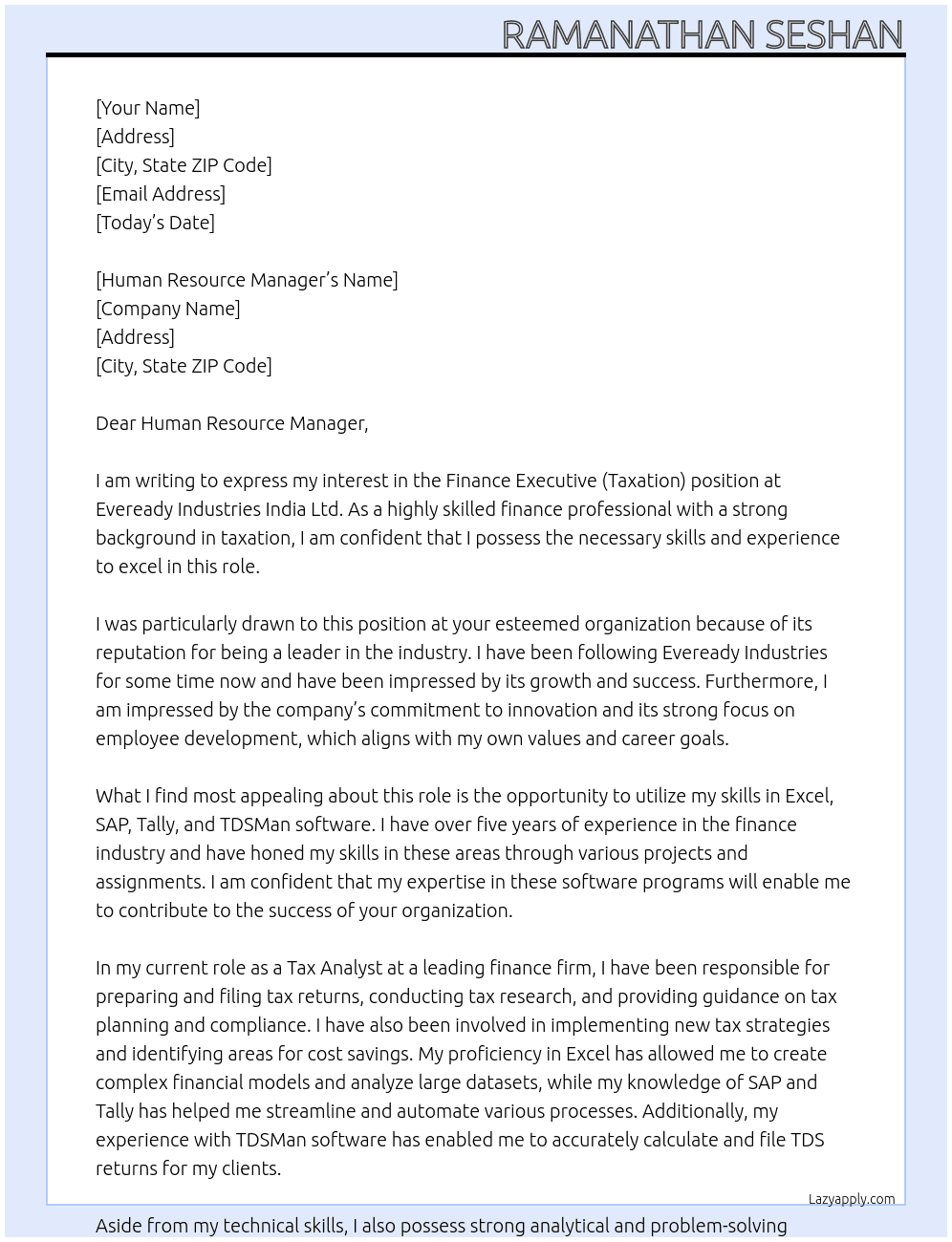 Finance executive(Taxation) At Eveready Industries India Ltd  Cover Letter