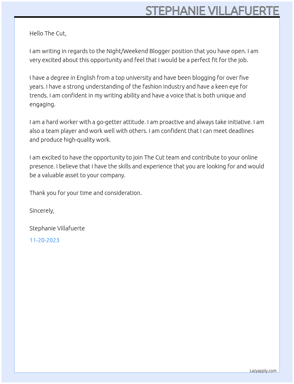Night/Weekend Blogger At The Cut Cover Letter