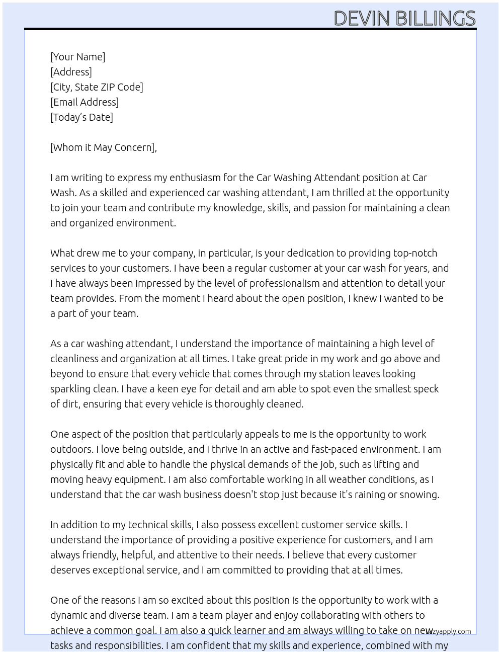 Car Washing Attendant At Car Wash Cover Letter