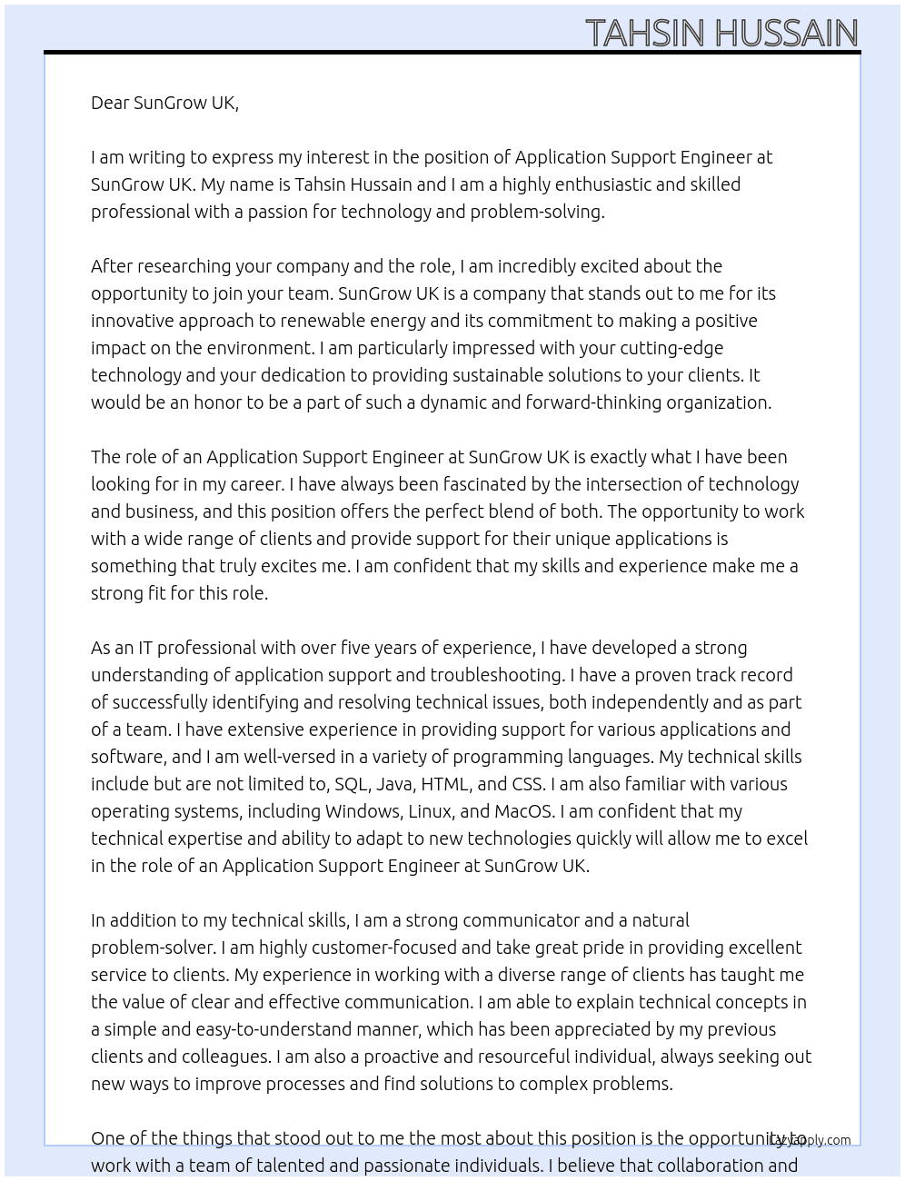 application support engineer At SunGrow UK Cover Letter