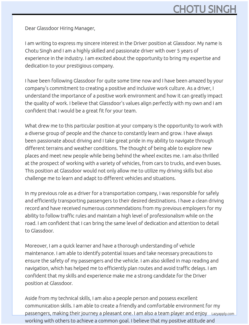 Driver At Glassdoor Cover Letter