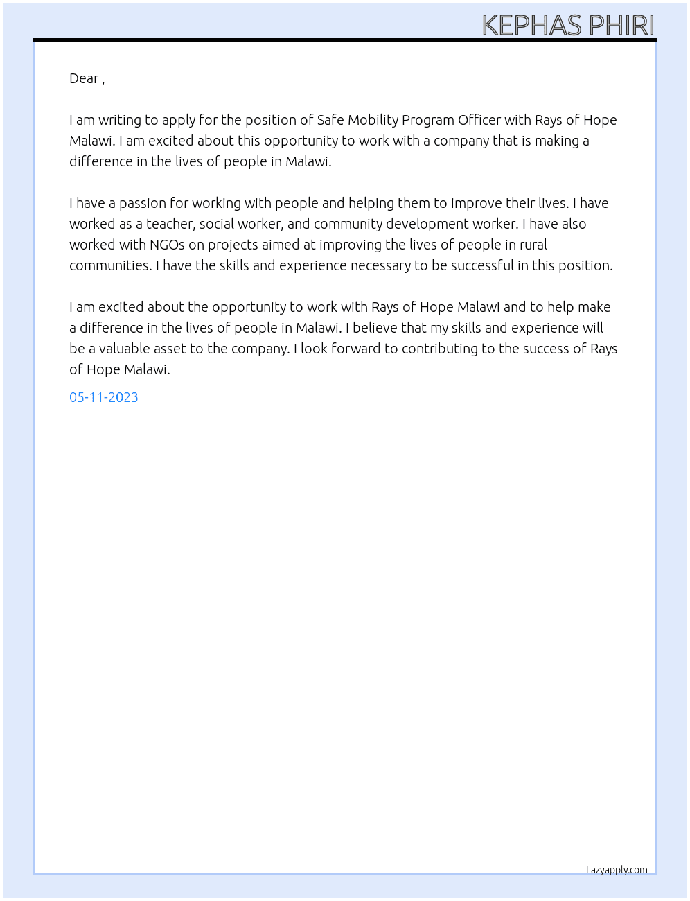 Cover letter for safe mobility program officer application - LazyApply