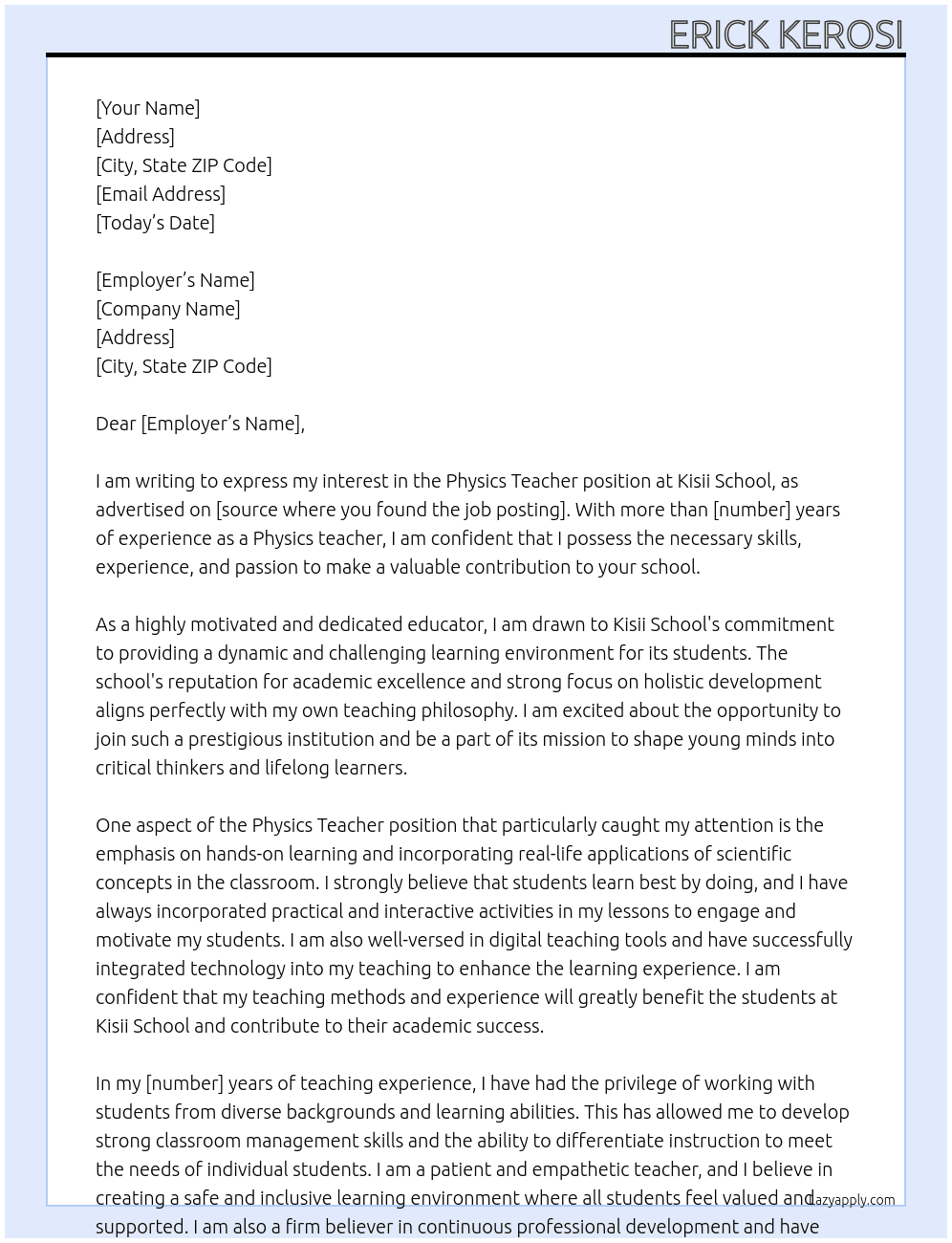 Physics teacher At Kisii school Cover Letter
