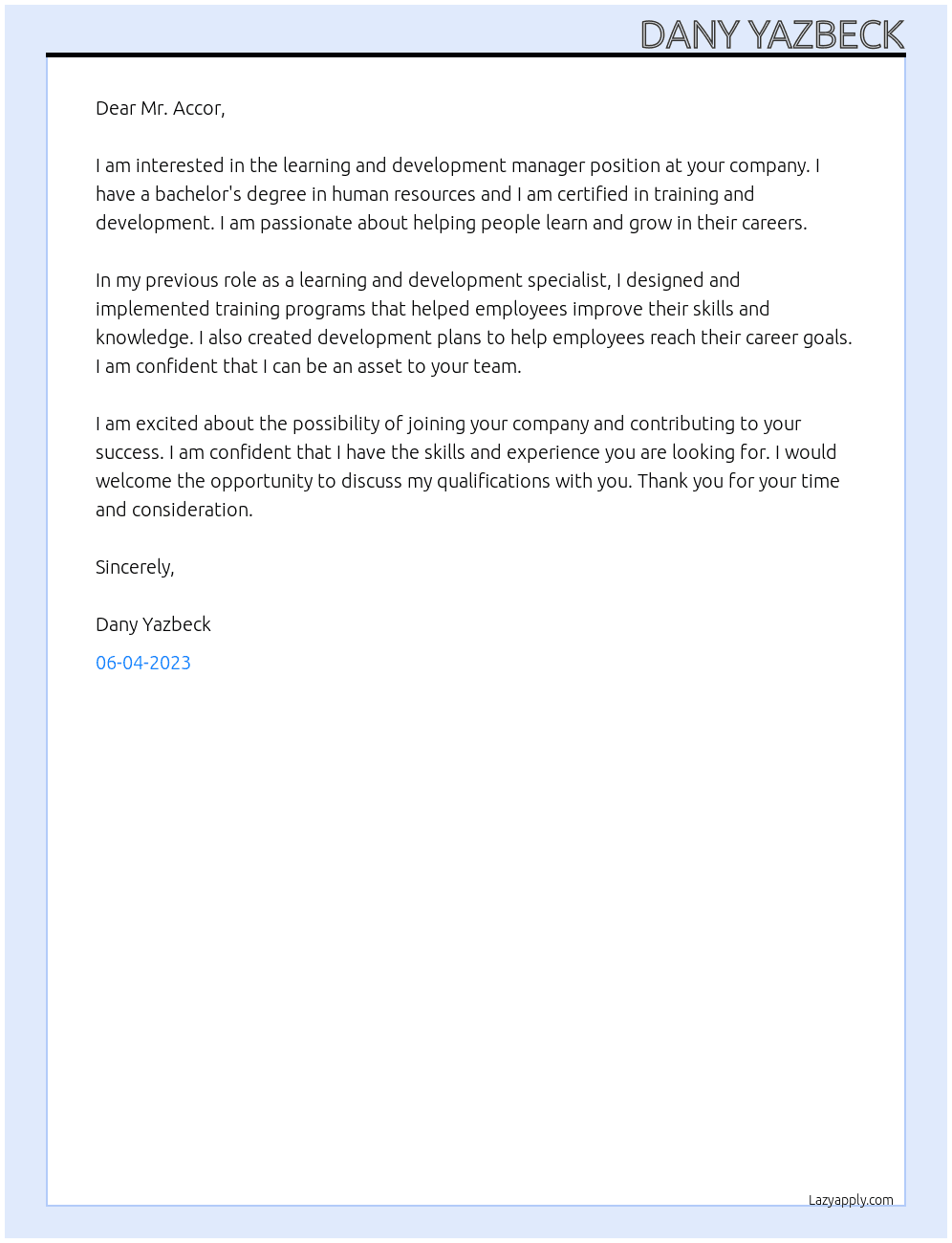 learning and development manager At Accor Cover Letter