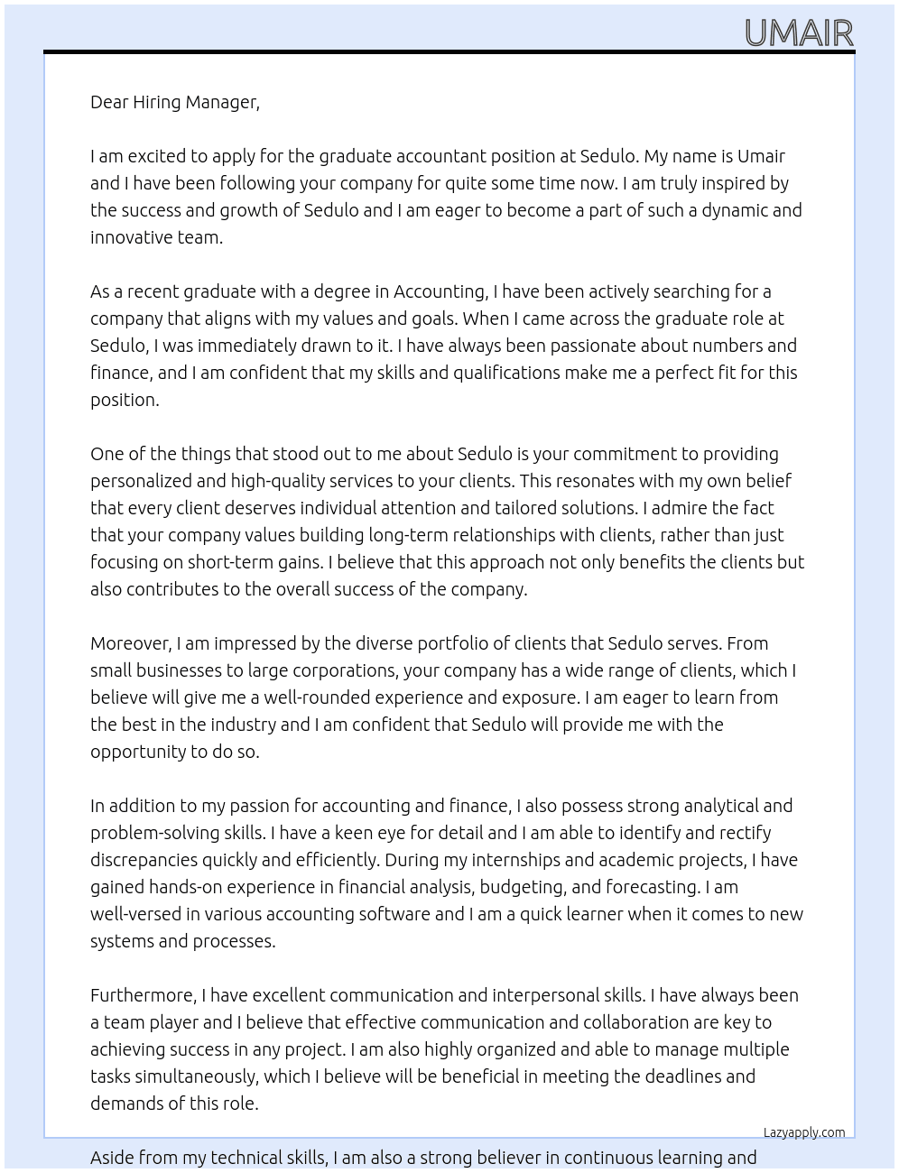 graduate accountant At Sedulo Cover Letter
